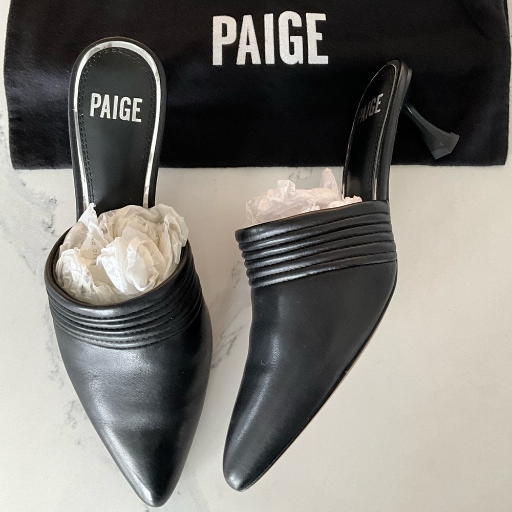 PAIGE Black Leather Pointed Toe Mule Heels
